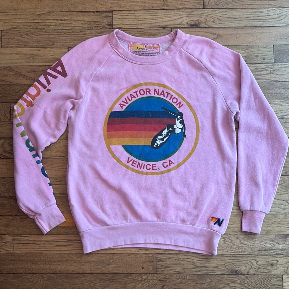 Aviator Nation Pink Crewneck Sweater with Graphic Designs